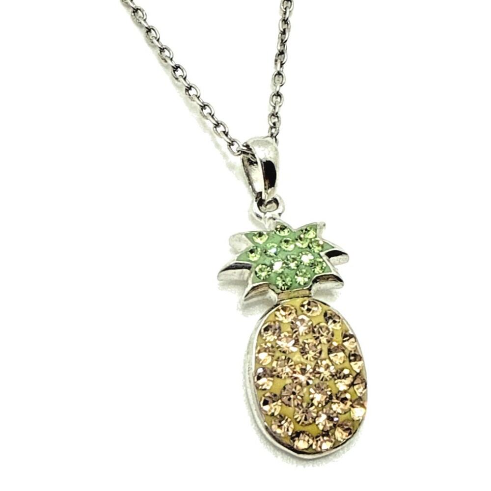Crystal Rhinestone Pineapple Pendant Necklace Yellow Green Gold Tone 18" SU TH